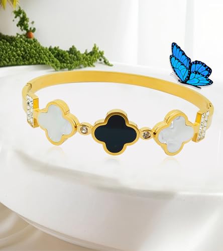 Clover Bracelet for Women, Stainless Steel Four Leaf Clover Bracelet, 18K Gold Plated Stackable Bracelet Jewelry, Lucky Love Cuff Bangle, Birthday Gift for Women3