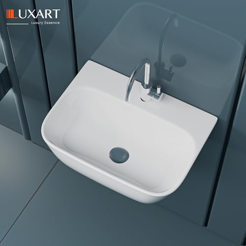 Image of LUXART Tabletop Wash Basin For Bathroom - 16.5x13x6 IN Ceramic Glossy White Wall Hung & Countertop Washbasin | Vessel Sink For Hotel, Dining Hall, Vanity | Over counter Top Washroom Sink