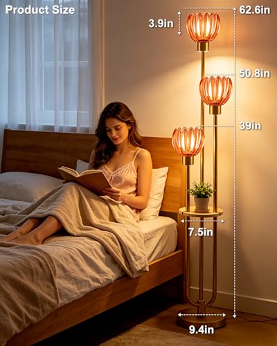 Image of Lightdot 3-Lights Glass Floor Lamp for Living Room Modern Gold Floor Lamps with Lotus Deep Red Glass Shade& Bulbs Included for Wedding /Party Tall Standing Lamp for Bedroom /Sofa Beside /Corner Decor