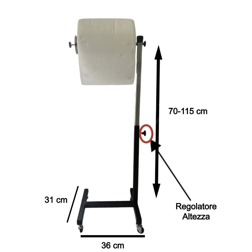 Porta Rotolo Industriale Regolabile in Altezza con Base su Ruote – Misure 36x31 cm, Altezza Variabile 70-115 cm, Ideale per Uso Professionale