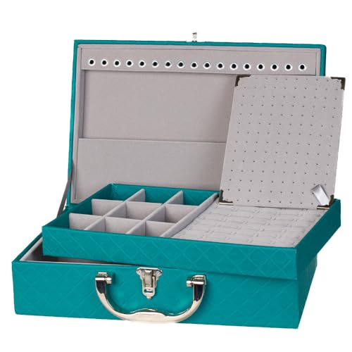 Estojo Maleta Média Dupla Porta Joias Bandeja Organizadora Bijuterias Viagem Caixa Organizadora Guarda Joias (Menta - Cinza)