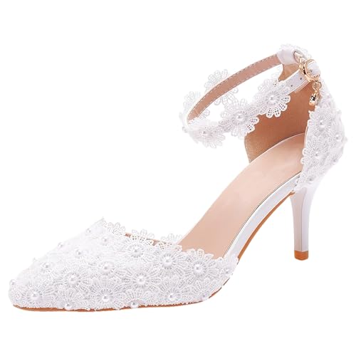Jamron Mujer Elegante Puntiagudo Zapatos Stilettos de Pulsera Encaje Floral Perlas Zapatos de Novia Blanco SN0703212 1 EU38