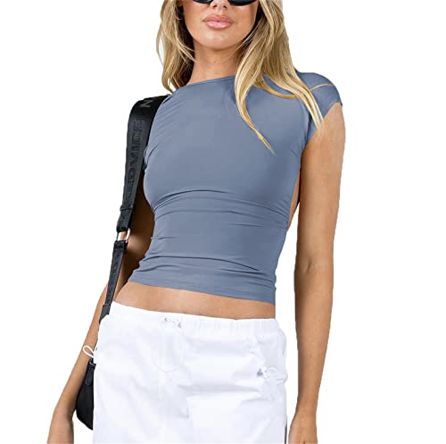 Tops sin Espalda para Mujeres, Parte Superior sin Espalda de Verano, Camiseta de Manga Corta de Color sólido básico Abierto en la Parte Superior, Camiseta sin Espalda