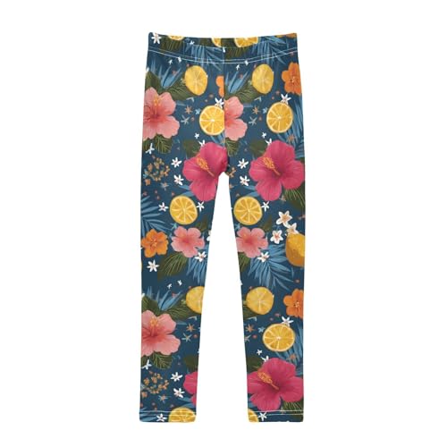 ALAZA Girls' Leggings Children's Yoga Pants Skinny Printed Dance Hibiscus Flower Lemon Comfortable 4T