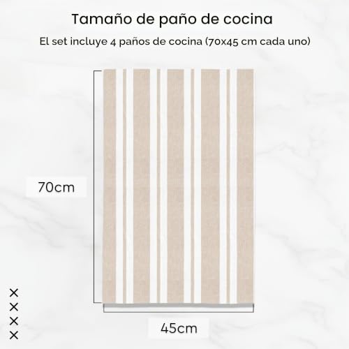 Miniatura 7 de Encasa Xo Paños De Cocina 28x18 In 70x45 Cm Juego De 4 Piezas Acabado Antibacteriano, Algodón Orgánico, Altamente Absorbente Para La Limpieza De Platos - Franca Franja De Beige
