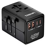 TRENFI 65W USB C Travel Adapter — Universal Power Plug with 2 USB-C PD3.0 2 USB-A QC3.0 AC Outlet, International Wall Charger for Laptops Phones, US UK EU AUS, Compact for 200+ Countries