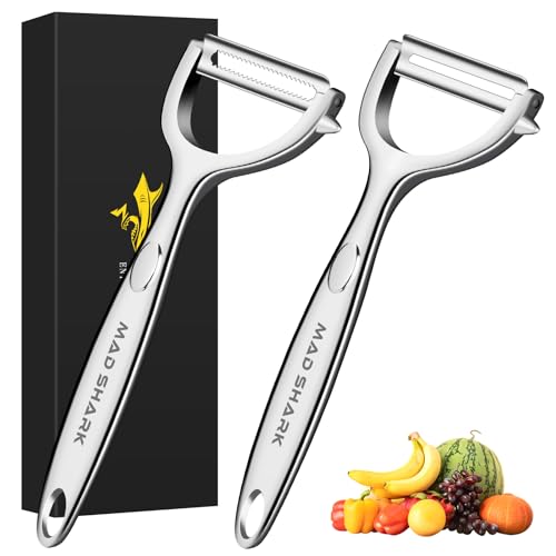 MAD SHARK Ultra Sharp Vegetable Peelers for Kitchen Fruit Apple Potato Peelers,Design with Ergonomic Non-Slip Handle, Y-Shaped Stainless Steel Serrated(Flat&Serrated Blade 2pc)