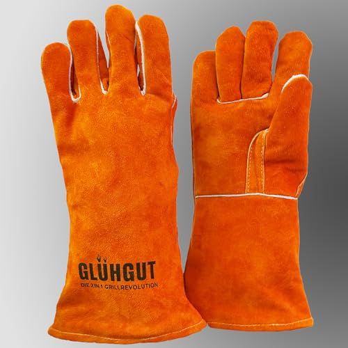GLÜHGUT Grillhandschuhe Hitzebeständig Rindsleder Kochhandschuhe mit Kevlar-Naht, EN388 Zertifiziert, Fleecefutter, für Grill, Ofen, Feuerstellen, Schweißen, Gartenarbeit