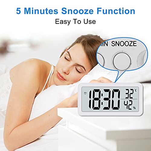 SZELAM 5.6 LCD Digital Alarm Clocks with Big Digit Display, Small Digital wall clock Slim Desk Clock Bedside Battery Powered with Temperature, Humidity, 12/24Hr, Snooze for Bedroom Home Office-White