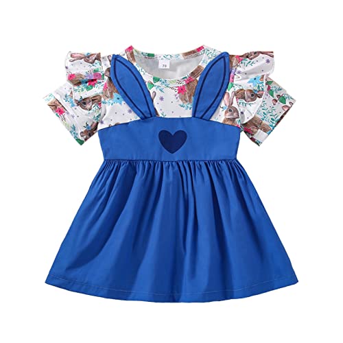 Toddler Baby Girls Easter Dresses Bunny Princess Dresses Rabbit Ear Printed Ruffle Sleeve Comfort Soft Spring Clothes Blue