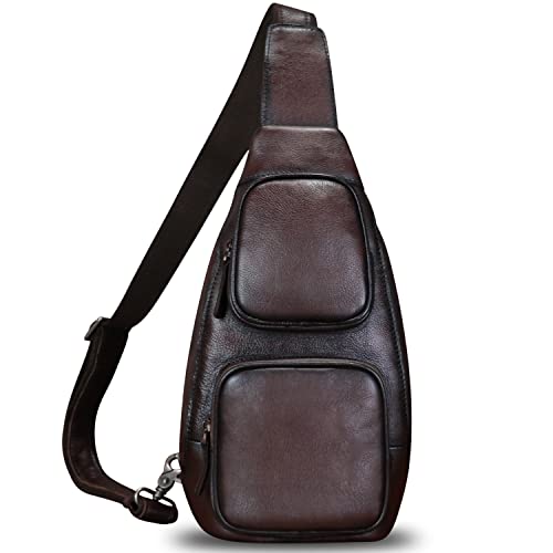 LRTO Genuine Leather Sling Bag Hiking Sling Backpacks Retro Handmade Crossbody Purse Chest Daypack Anti-theft Shoulder Bag (Coffee)