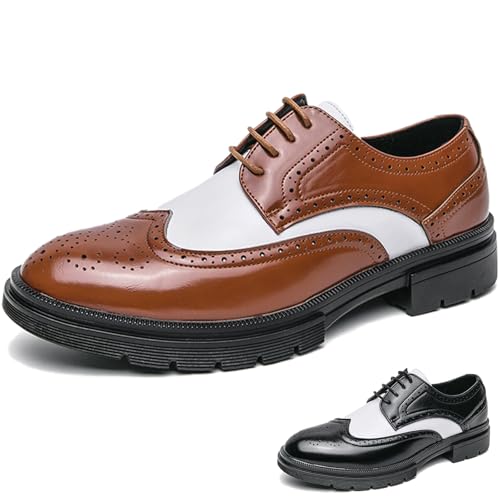 Men's Leather Two Tone Lace-up Low Chunky Heel Brogue Wingtip Oxfords Classic Pointed Toe Comfortable Non-Slip Low Top Derby Shoes Business Formal Prom Dress Shoes