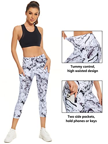 Custer's Night High Waist Yoga Capri Leggings With 3 Pockets,Tummy Control Workout Running 4 Way Stretch Yoga Pants Mable Texture S #TOP2