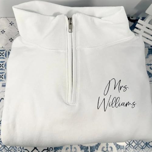GODMERCH Personalized Embroidered Mr&Mrs Quarter Zip Sweatshirt, Wife Bride Fiancee Sweater, Bride To Be Gifts, Bridal Shower Engagement Gifts4