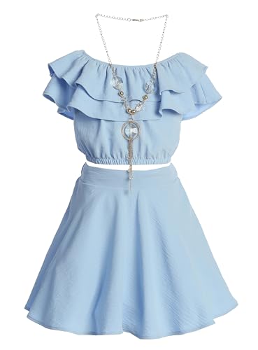 Image of Cold Shoulder Crop Top Ruffle Layered Top Flower Girl Skirt Sets for Girl