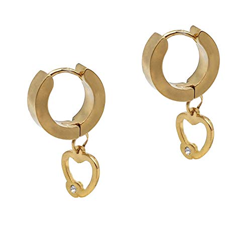 Styleziel - Pendientes de aro para mujer con colgante de corazón y cristales brillantes de acero inoxidable y oro 1845