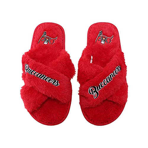 Image of FOCO Womens NFL Team Script Wordmark Fuzzy Cross Slide Slippers