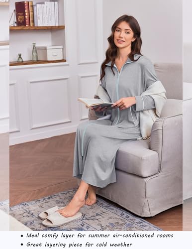 Image of Ekouaer Zipper Robes for Women Long Sleeve Lightweight House Coats with Pockets Zip Up Bathrobe Loungewear S-3XL