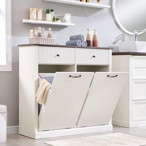 Image of IFBUY Double Tilt Out Laundry Hamper Cabinet, Modern Trash Cabinet, White