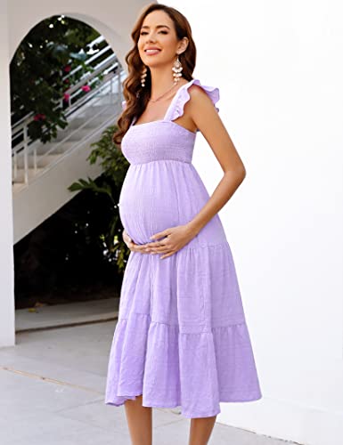 Image of KOJOOIN Womens Maternity Dress Summer Sleeveless Smocked Square Neck Ruffle Casual Boho Midi Dress Baby Shower Photoshoot