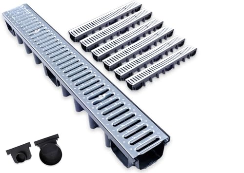 Durabern Entwässerungsrinne Set - 98 mm Ablaufrinne aus verzinktem Stahl, PKW-befahrbar, für Garten, Hof & Terrasse, inkl. 2 Ablaufstutzen (DN 110, DN 50) (6 m) Durabern Entwässerungsrinne Set - 98 mm Ablaufrinne aus verzinktem Stahl, PKW-befahrbar, für Garten, Hof & Terrasse, inkl. 2 Ablaufstutzen (DN 110, DN 50) (6 m)