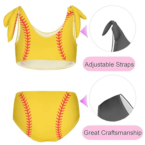 QUGRL Yellow Baseball Stitched Girls Swimsuit Bikini Set Softball Kids Bathing Suits for Girls 2 Piece Bowknot Swimwear Tankini Hawaiian 7-8 Years2