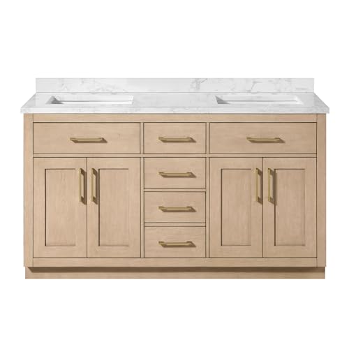 Image of OVE Decors Athea 60 in. Double Sink Freestanding Sahara Birch Bathroom Vanity with White Engineered Marble Top, Matching Backsplash, Power Bar and Brushed Gold Hardware