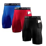 iYunyi Men's Compression Workout Shorts Leggings with Pockets for Phone - Base Layer Tights, Short Pants (Black/Red/Blue(3Pack), Large(Tag XL))