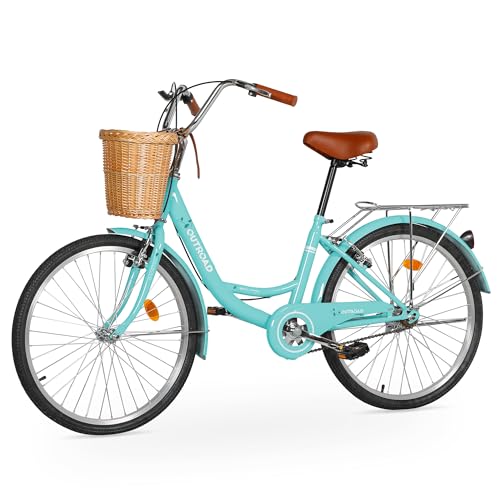 MarKnig Beach Cruiser Bike for Women and Men, 24 inch Female Commuter Bicycle with Basket, 1 Speed Womens Bike with Rear Rack/High-Carbon Steel/Front & Rear Fenders, Ergonomic Upright Design, Green