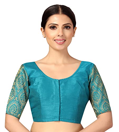 Image of Studio Shringaar Womens Elbow Length Sleeves Silky Saree Blouse with Brocade Sleeves.
