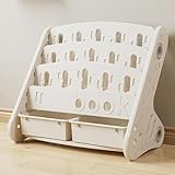 絵本棚 子供 本棚 絵本ラック おもちゃ収納ボックス付き Siuhuig 大容量 可愛い 子ども用 キッズ ブックシェルフ 絵本収納 組み立て簡単 省スペース おもちゃ箱 オープン書棚 漫画 雑誌収納 子供部屋 幼稚園 入学 入園 出産祝い プレゼント 図書館 (ホワイト,3層+収納ボックス)