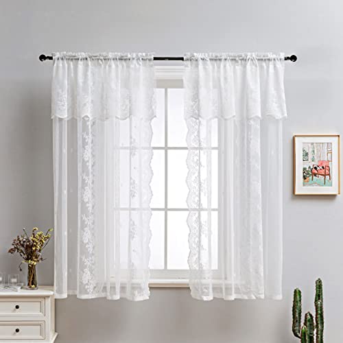 Sovtfides Sheer White Lace Curtains 63 Inches Long 2 Panels Rod Pocket Lace Drapes With Attached Valance For Living Room Curtains (W52 X L63 -Inch, 2 Panels) #TOP1