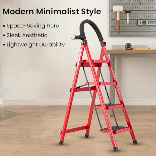 Image of Casa Copenhagen Red 4 Step Ladder for Home Use with Built-in Tool Tray | Heavy Duty D Shape Rods | Ultra Large Platform | Secure Lock and Stability | 150Kg Capacity Foldable Ladder - 7 Years Warranty