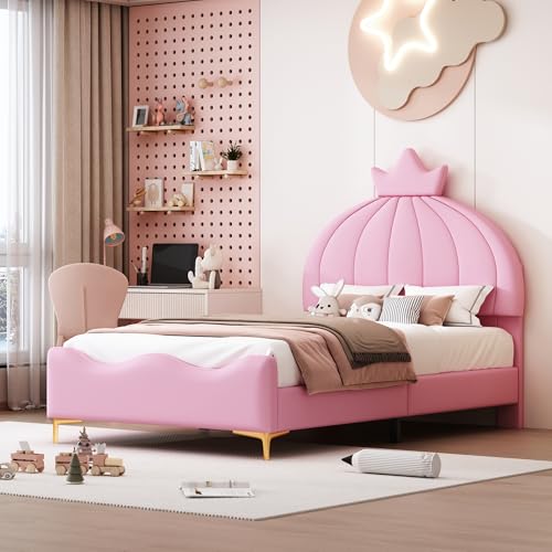 infirack Cuna tapizada para cama infantil, diseño minimalista con borde de arco, tela de piel sintética, patas de metal con somier, camas para niños y niñas