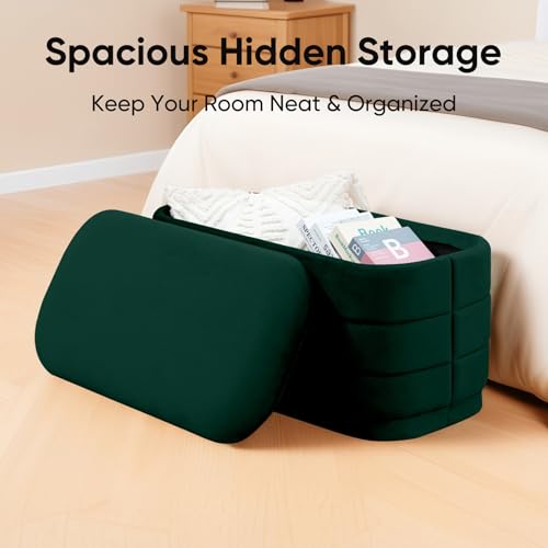 Image of 30 inch Velvet Storage Ottoman Bench with Wooden Tray Lid, Folding Large Upholstered Ottoman Footstool for Living Room, Rectangular Padded Foot Rest for Bedroom Living Room Dorm, Bottle Green