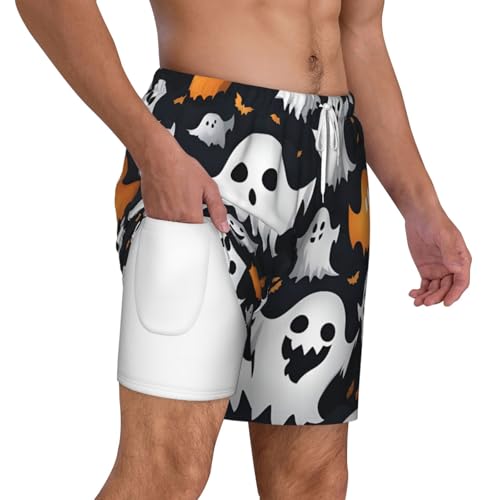 Cute White Ghost Halloween Pattern Men's Soft Double Swim Shorts, Lounge Swiming Shorts Pants Breathable Summer3