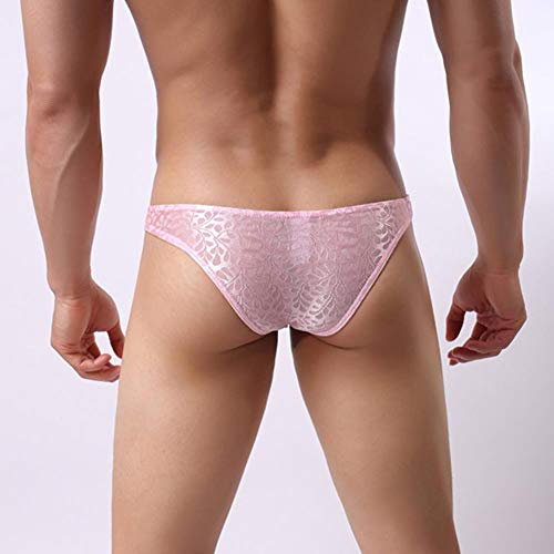 Men's Sissy Lace Floral Bulge Pouch Bikini Panties Low Rise Mesh Translucent Crossdress Lingerie Underwear Pink Medium #TOP4