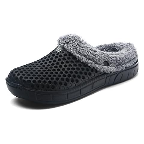 QISHENG Men's Women Mules Clogs Slip On Garden Shoes Fur Lined Slides Flip Flops Warm Winter Slipper Black Cover