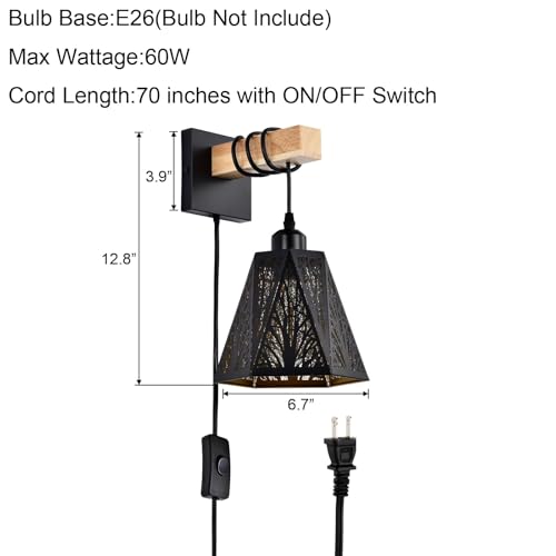 Image of Plug in Wall Sconces Set of 2,Forest Tree Black Rustic Wall Sconces,Farmhouse Metal Wall Mounted Lamp,Industrial Wooden Wall Light fixtures Indoor,Wall Lights for Living Room,Bedroom,Bedside