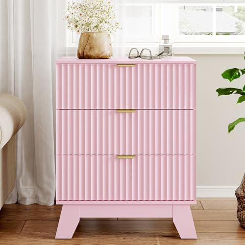 Image of HUANLEGO Fluted Nightstand with 3 Drawer for Bedroom, Pink | Mid Century Modern Beside Table with Metal Handle, Wooden End Table with 3 Drawers for Living Room, Closet, Entryway