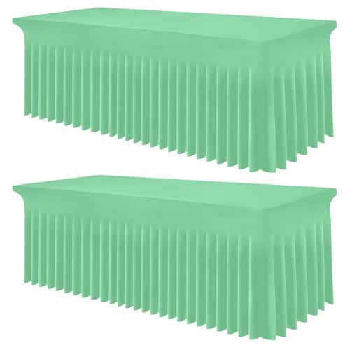 Image of Smiry 2 Pack Spandex Elastic Fitted Table Cloth Skirt for 8FT Table | Stretch Washable Table Cloth, Banquet Table Cover for Wedding, Party, Indoor & Trade Shows, (Bright Green, 96Lx30Wx30H)