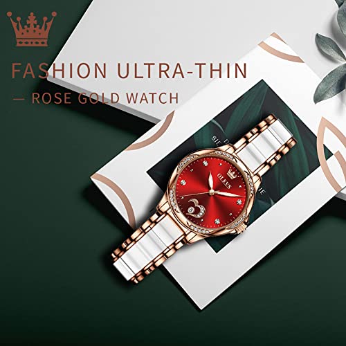 Image of OLEVS Watches for Women Dress Roman Numerals Diamonds Stainless Steel Waterproof Silver Designer Metal Date Expanding Bracelet Ladies Wrist Watch, Red, strap