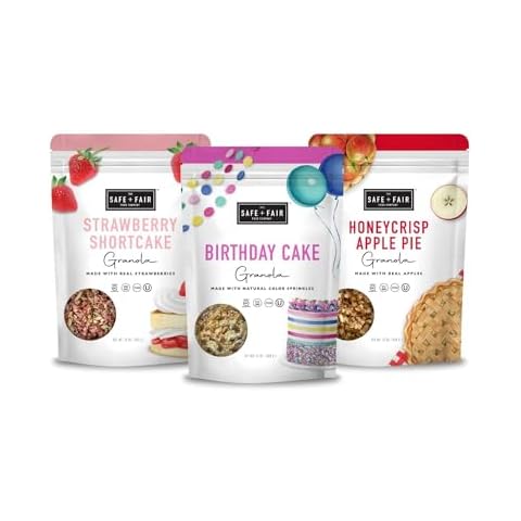 Safe + Fair 3 Pack Granola Bundle - Gluten - Free Strawberry Shortcake Granola (12oz - 1pack)+Gluten-Free Birthday Cake Granola (12oz - 1pack)+Gluten-Free Honeycrisps Apple Pie Granola (12oz - 1pack) Cover