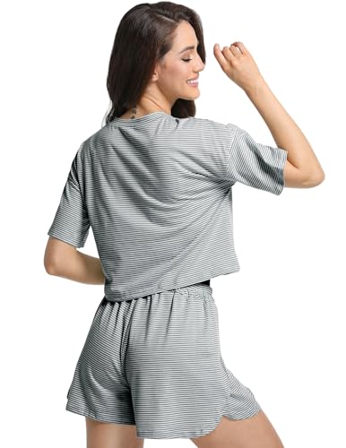 Image of Split Short Pajama Set Soft Women's Striped Pajama Sleeve Tee & Elastic Waist Shorts Lounge Sleepwear