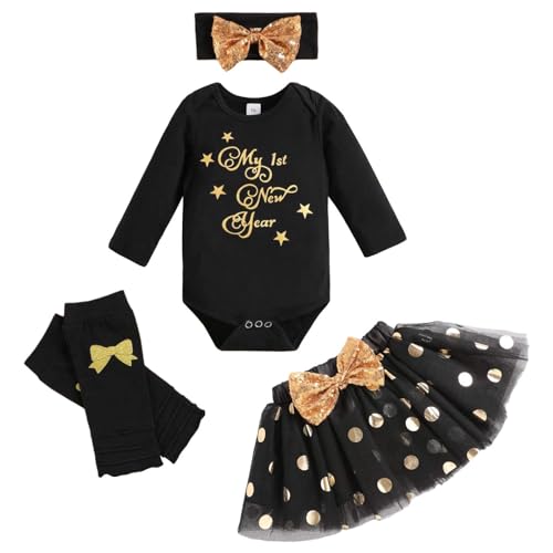 Newborn Baby Girl My First New Year Outfit Long Sleeve Romper Tutu Skirt with Headband and Leggings 4Pcs Clothes Sets