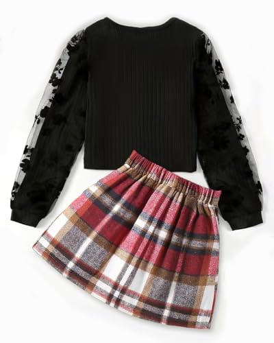 Image of 2 Pcs Girls Skirt Sets Long Sleeve Rib Knit Shirt Tops & Short Mini Skirts Set Outfits
