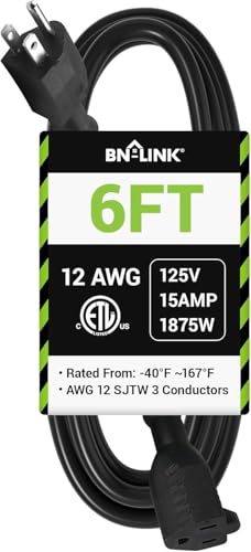 BN-LINK 6ft Outdoor Extension Cord, 12/3 SJTW Heavy Duty Power Cord, 3-Prong Grounded Plug, Weather...