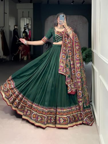 Green Lehenga Choli for Women, Chaniya Choli Set with Dupatta, Tussar Silk