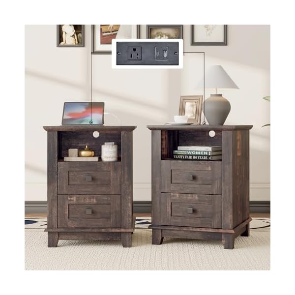 Nightstand set of 2 with charging station farmhouse side table with 2 tiers storage drawer and 1 open wood cubby for bedroom office black  urban country home decor