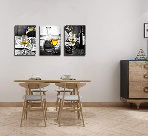 Kitchen Wall Art For Dining Room,Wine Painting Artwork Poster Black White Canvas Yellow Wine In Cups Pictures For Home Decorations #TOP3